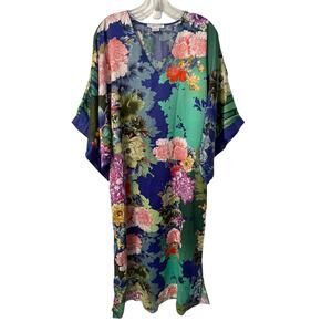 Natori Caftan Dress Womens Small Royal Blue Colorful Floral Kaftan Coverup Maxi